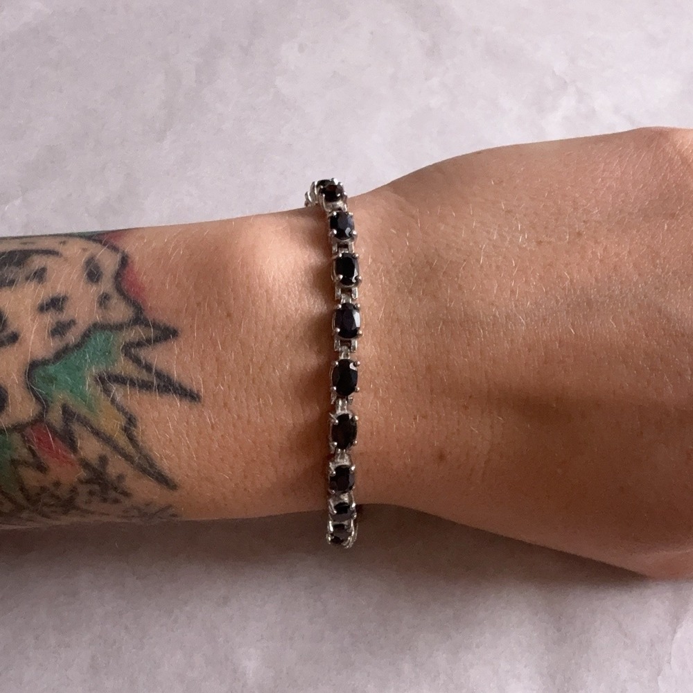 Sterling Silver 925 Black Stone Tennis Bracelet Lobster Clasp 6.5 In Womens